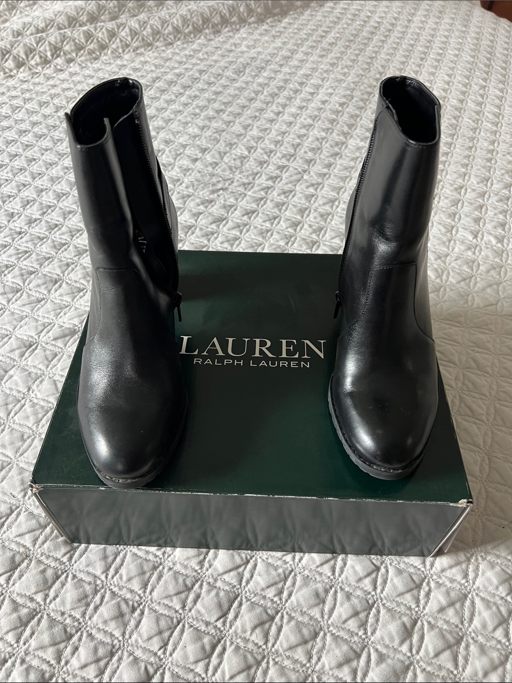 Lauren Ralph Lauren Black Leather Mid-Calf Zip-Heel Boots